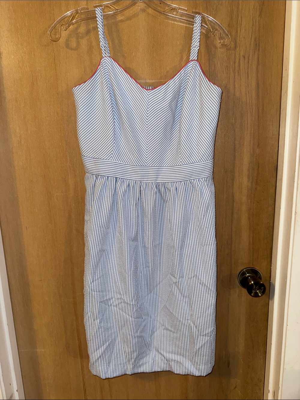 R&K Seersucker A-Line pinstriped Sundress with Pink Trim V-Neck Size 10